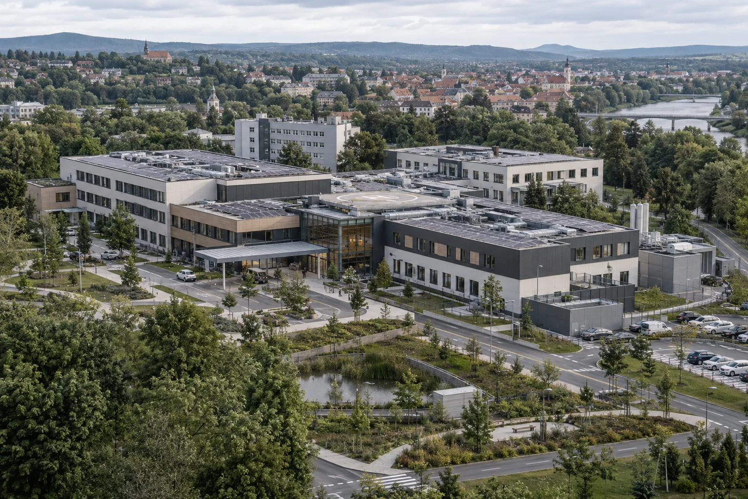 Kampus budynków z instalacjami słonecznymi w lokalnym otoczeniu — wizualizacja